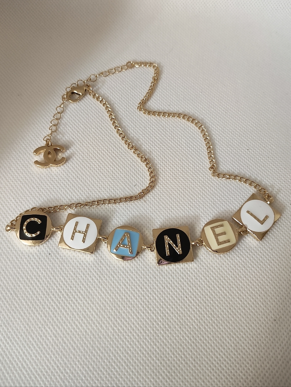 Gold Tone Multicolor Enamel CC Letter Necklace - Picture 3 of 6